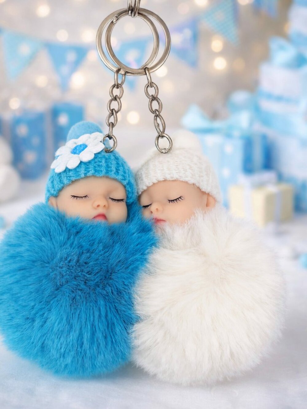 Set of 6 Sleeping Baby Pom Pom Keychain Daisy Hat Doll Purse Charms New - Picture 2 of 3
